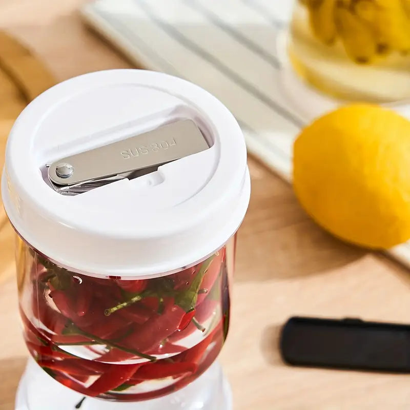 ServiPick jar showing built-in strainer lid – no-mess pickle and olive serving jar