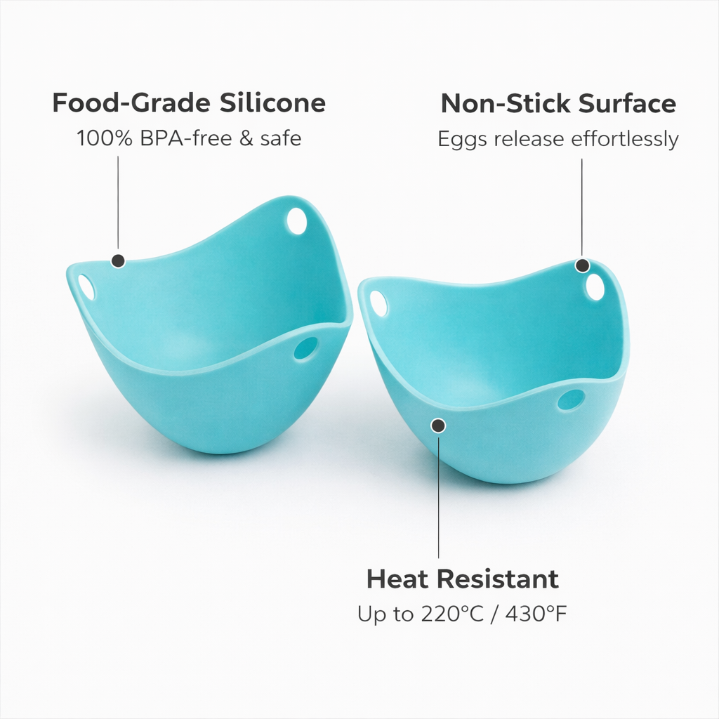 Silicone Egg Poacher Cups flat lay – 4 colours red blue green yellow