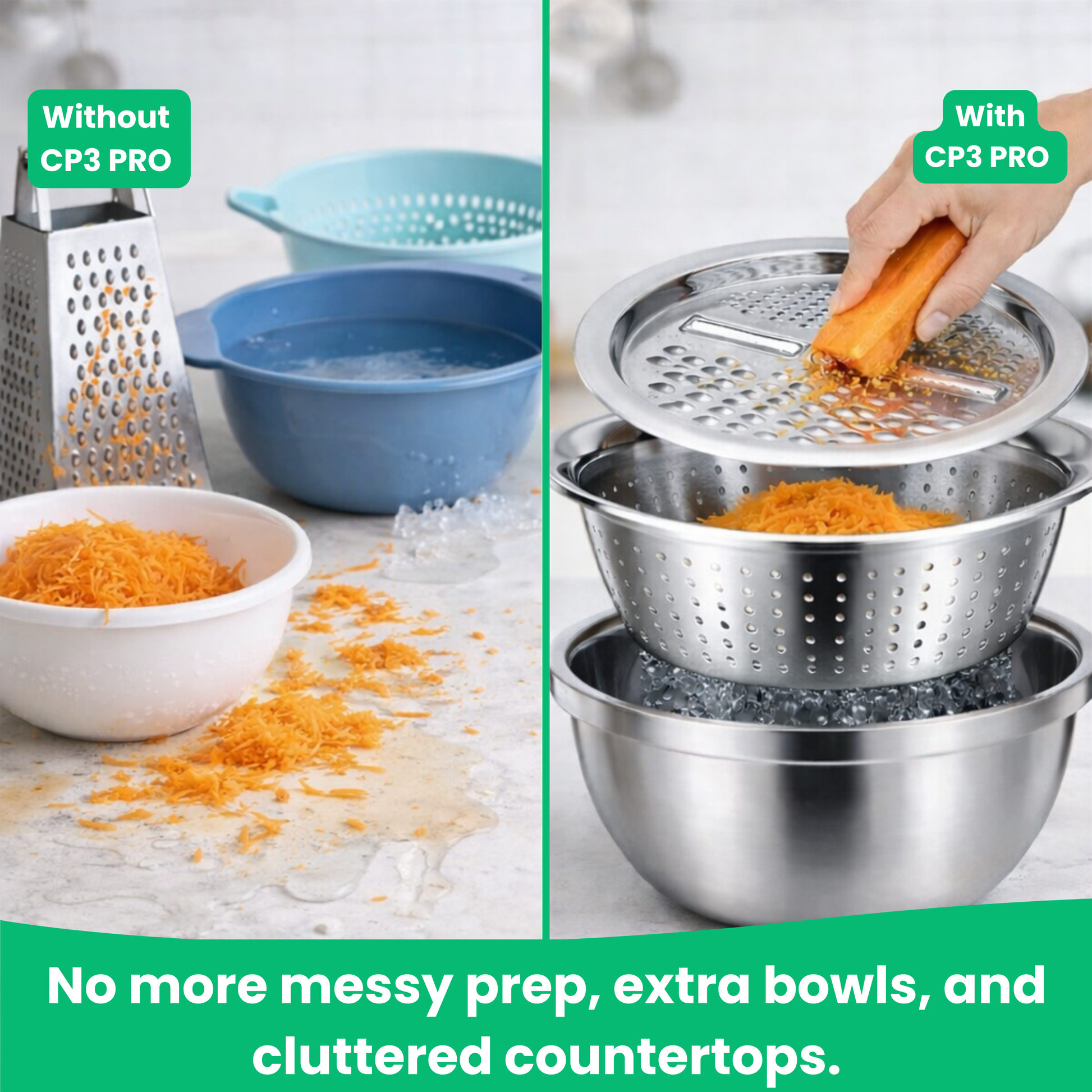 CP3 PRO prep bowl straining pasta over kitchen sink
