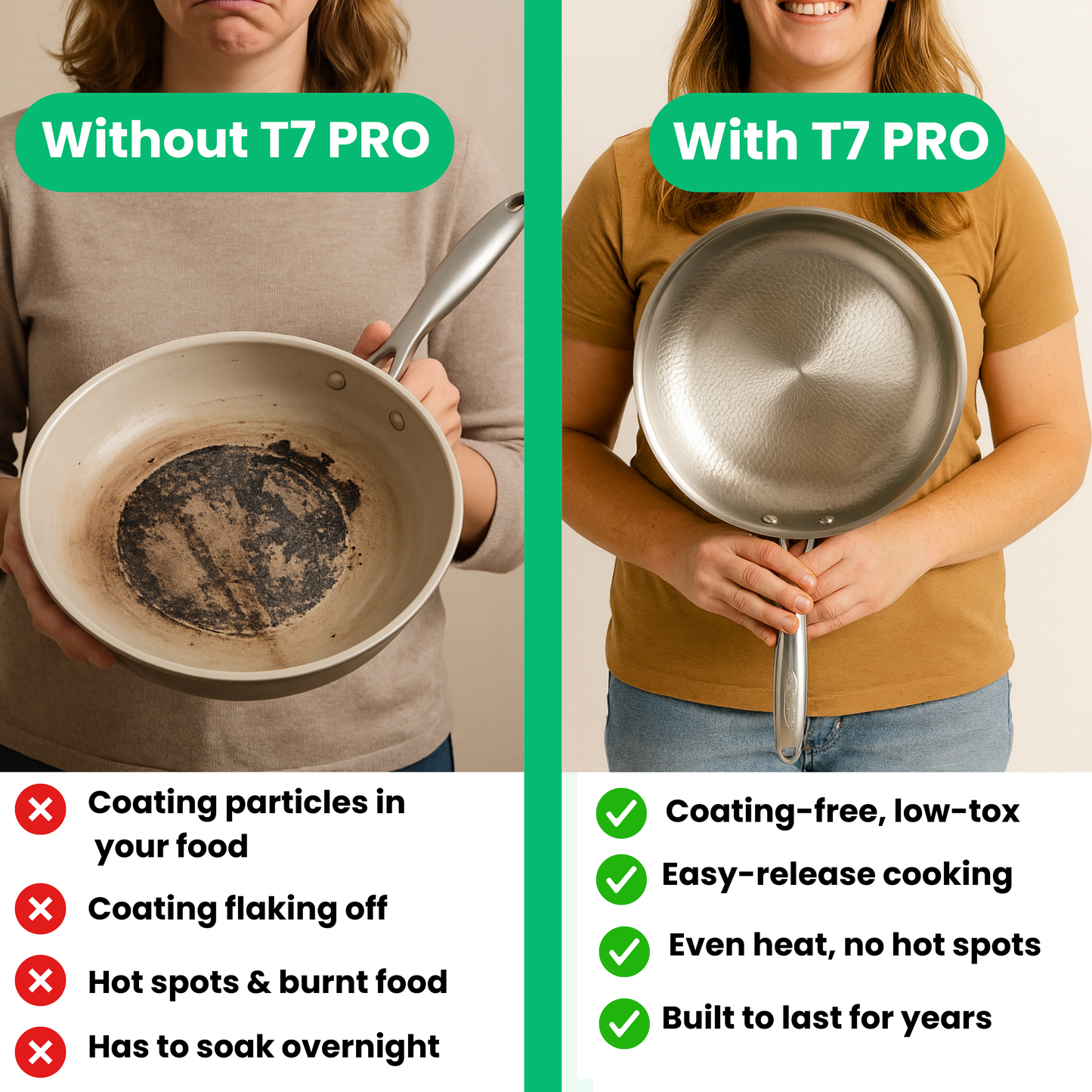 T7 Pro frying pan stacked with lid on white kitchen background