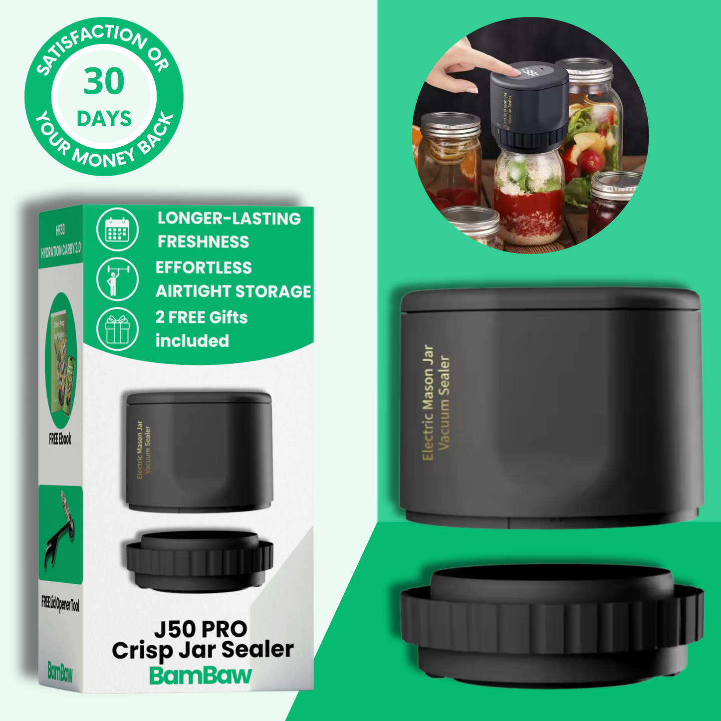 J50 PRO crisp vacuum jar sealer sealing glass jar on worktop