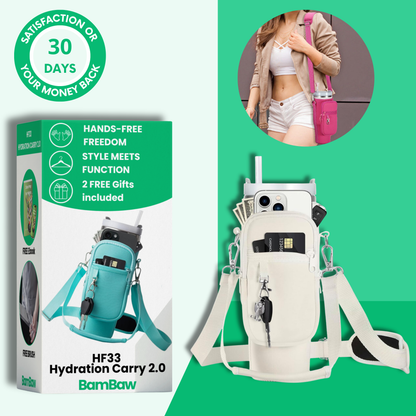 HF33 hydration carry bottle in hand outdoors on bright day