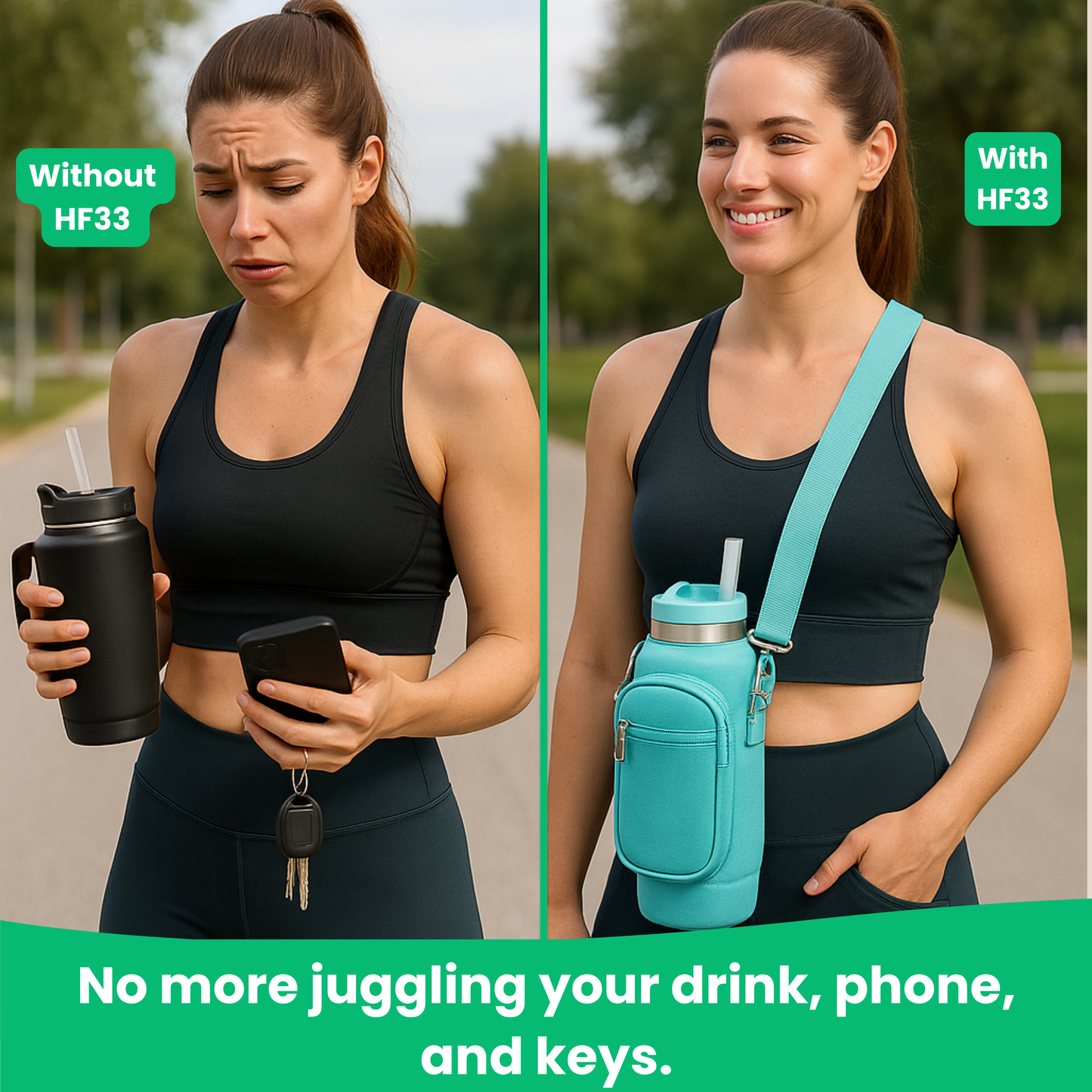 HF33 carry bottle filled with water next to gym bag