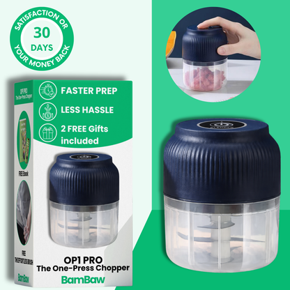 OP1 PRO one-press food chopper with onion inside on kitchen counter