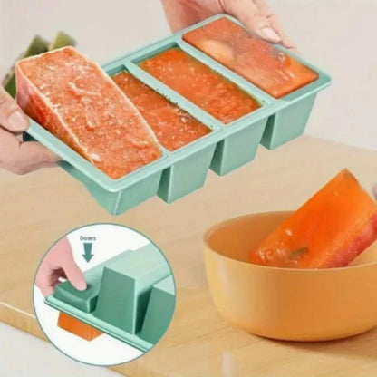 Silicone freezer tray with portioned food cubes – flexible food storage solution