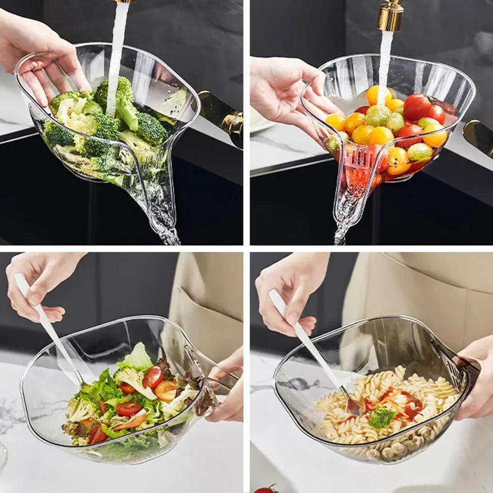 SecureStrain in use draining boiled vegetables – clip-on pot strainer