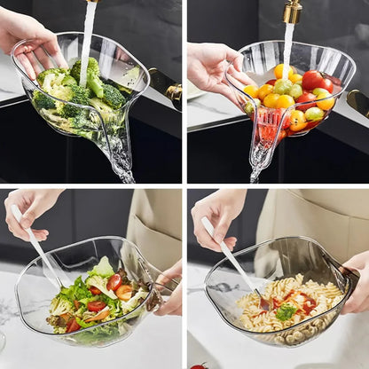 SecureStrain in use draining boiled vegetables – clip-on pot strainer