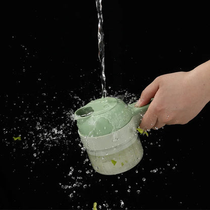 Electric food chopper attachments laid out – chop, blend, whisk and mince functions