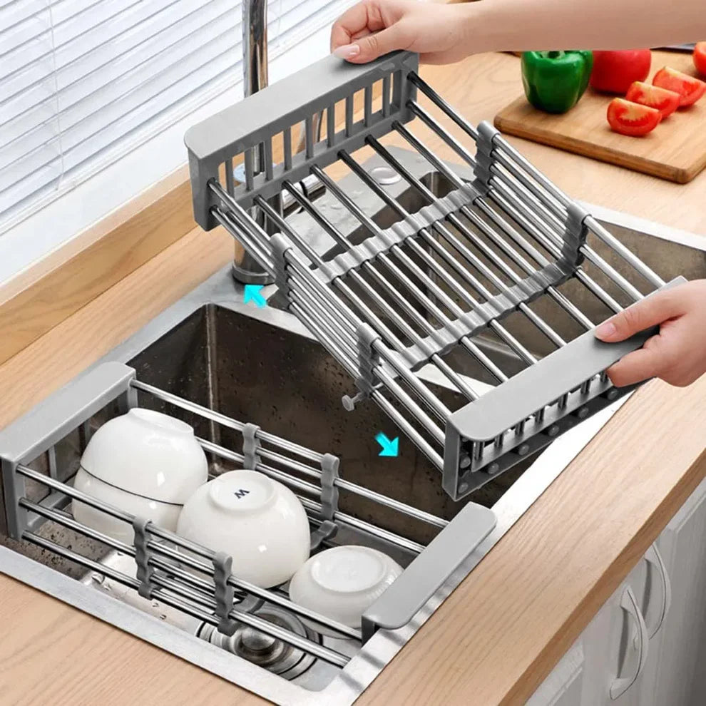 Expandable sink drain basket installed over a kitchen sink – stainless steel design
