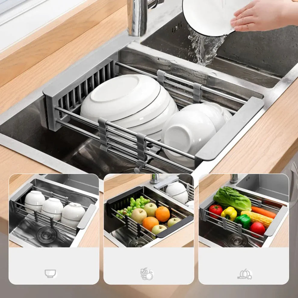 Expandable sink basket folded for storage – compact kitchen drying rack