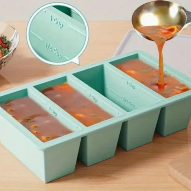 Silicone freezer tray popped open releasing frozen herb cubes