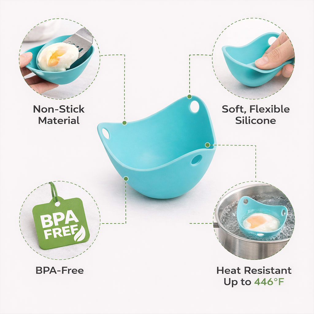 Silicone Egg Poacher Cups features – food-grade non-stick heat resistant