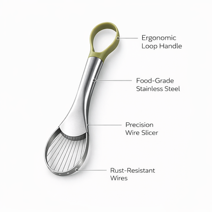 BamBaw avocado slicer features: ergonomic loop handle, food-grade stainless steel, precision wire slicer, rust-resistant wires