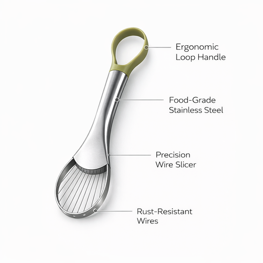 Bodow avocado slicer features: ergonomic loop handle, food-grade stainless steel, precision wire slicer, rust-resistant wires